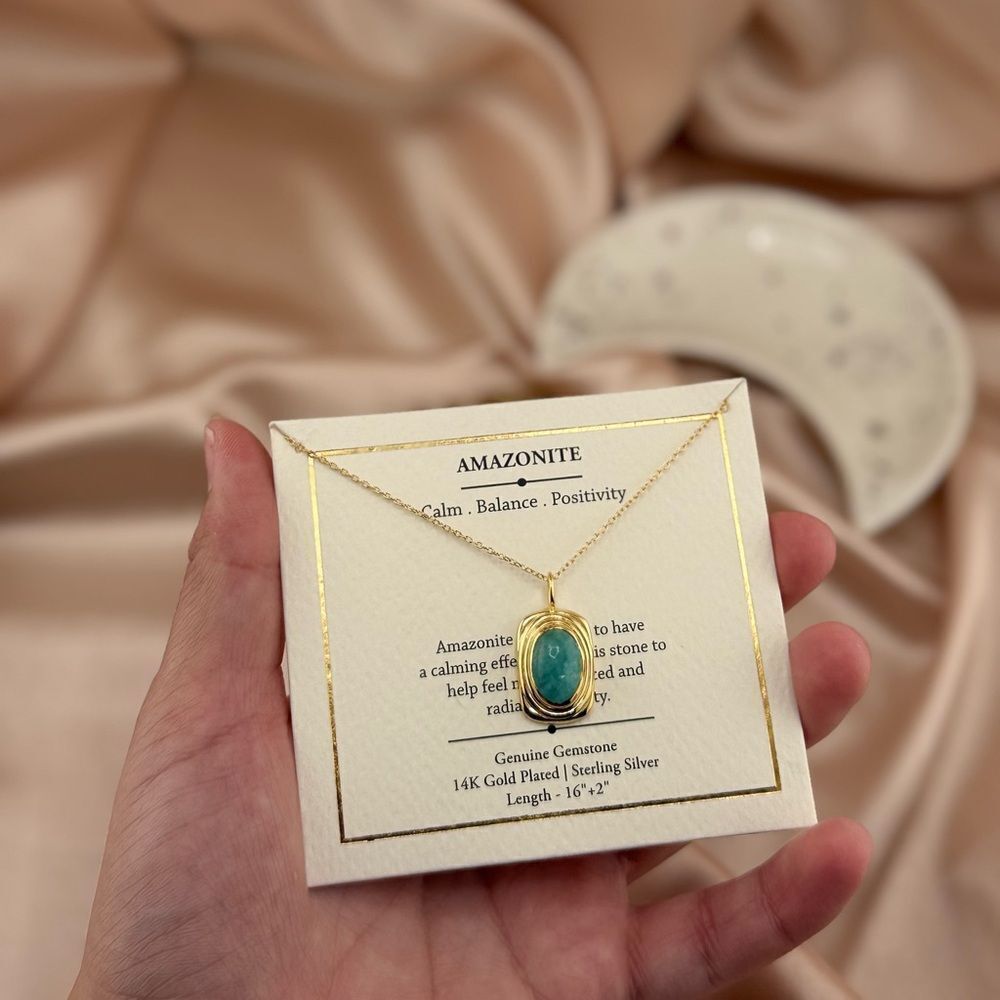 AmazoniteβGenuine Gemstone Necklace β 14K Gold Plated Sterling Silver - Picture 4 of 5